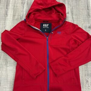 Abercrombie & Fitch Red Hooded Lightweight Zip Jacket with Blue Trim